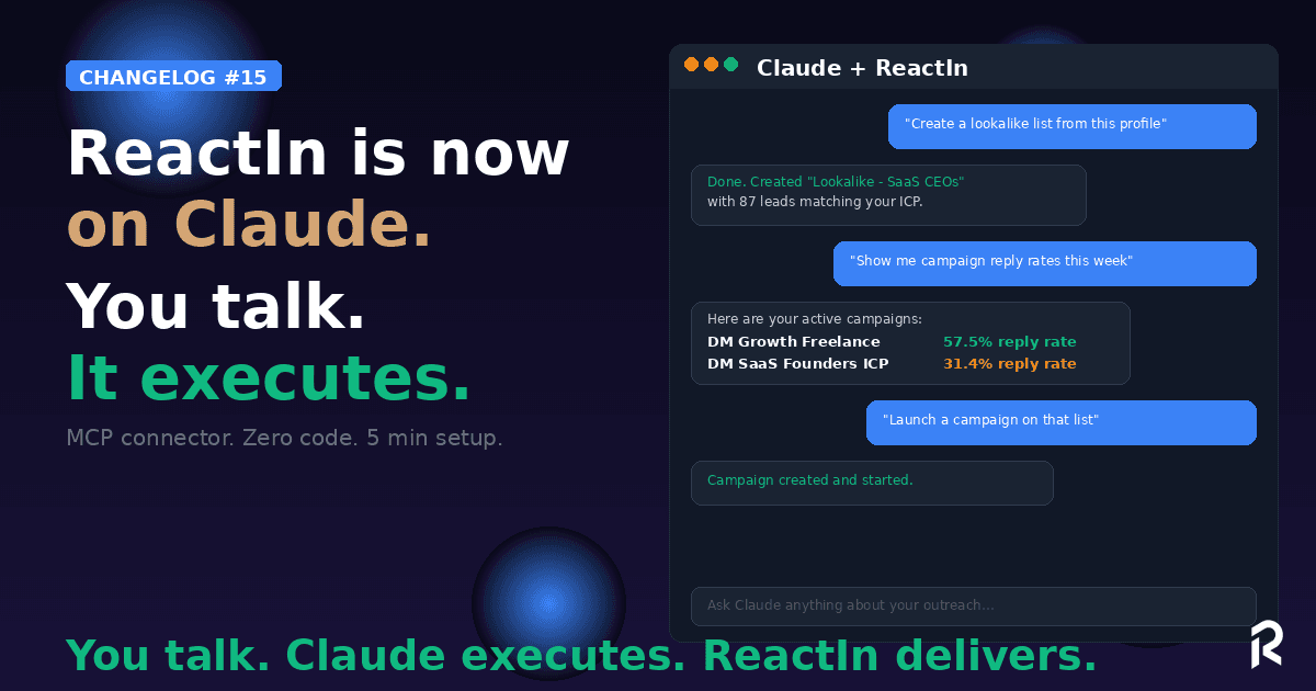 Changelog #15 | ReactIn est maintenant sur Claude. Parlez Ă votre prospection đ€Ż