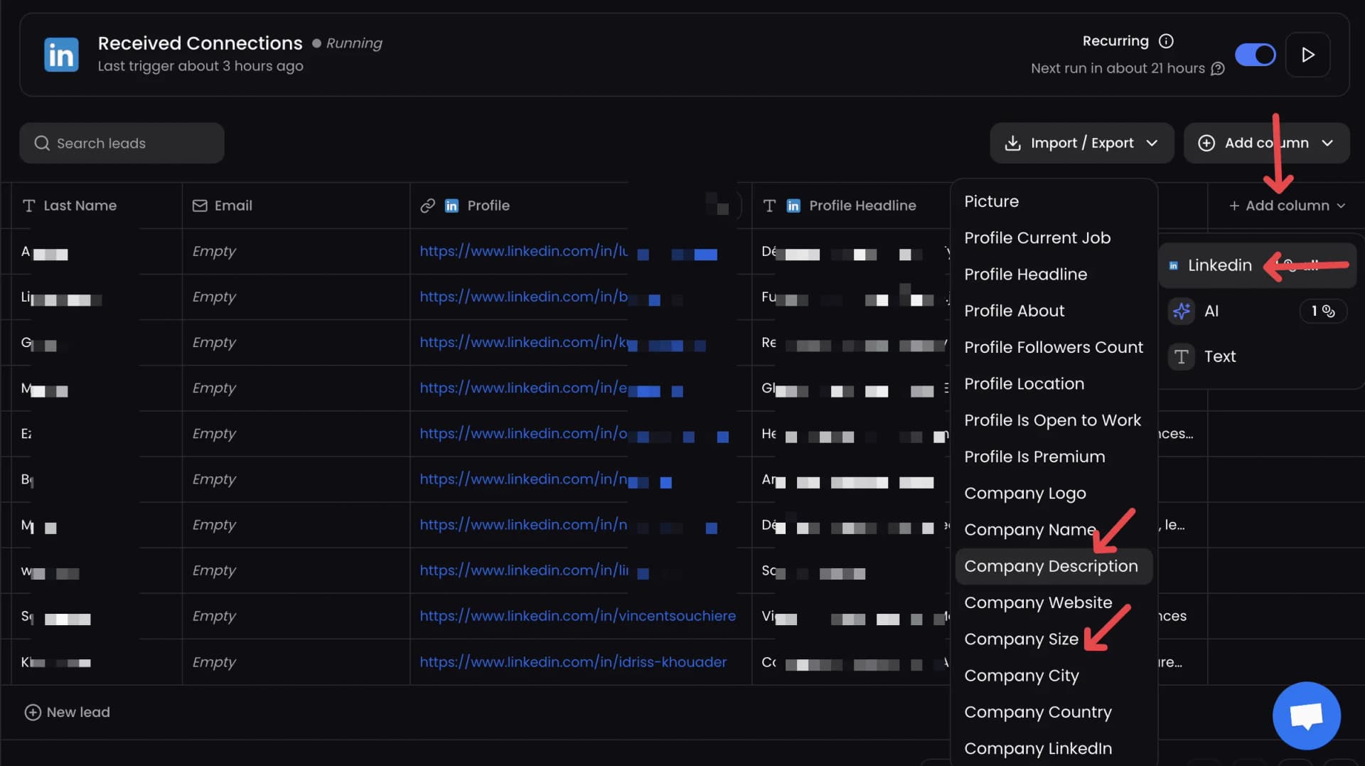 ReactIn AI columns showing enrichment data with editable templates for personalized outreach