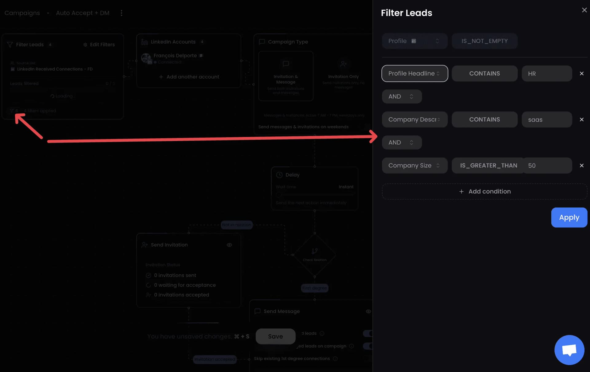 Builder de filtres de campagne ReactIn : filtrage par Profile Headline, Company Description, Company Size avec conditions visuelles