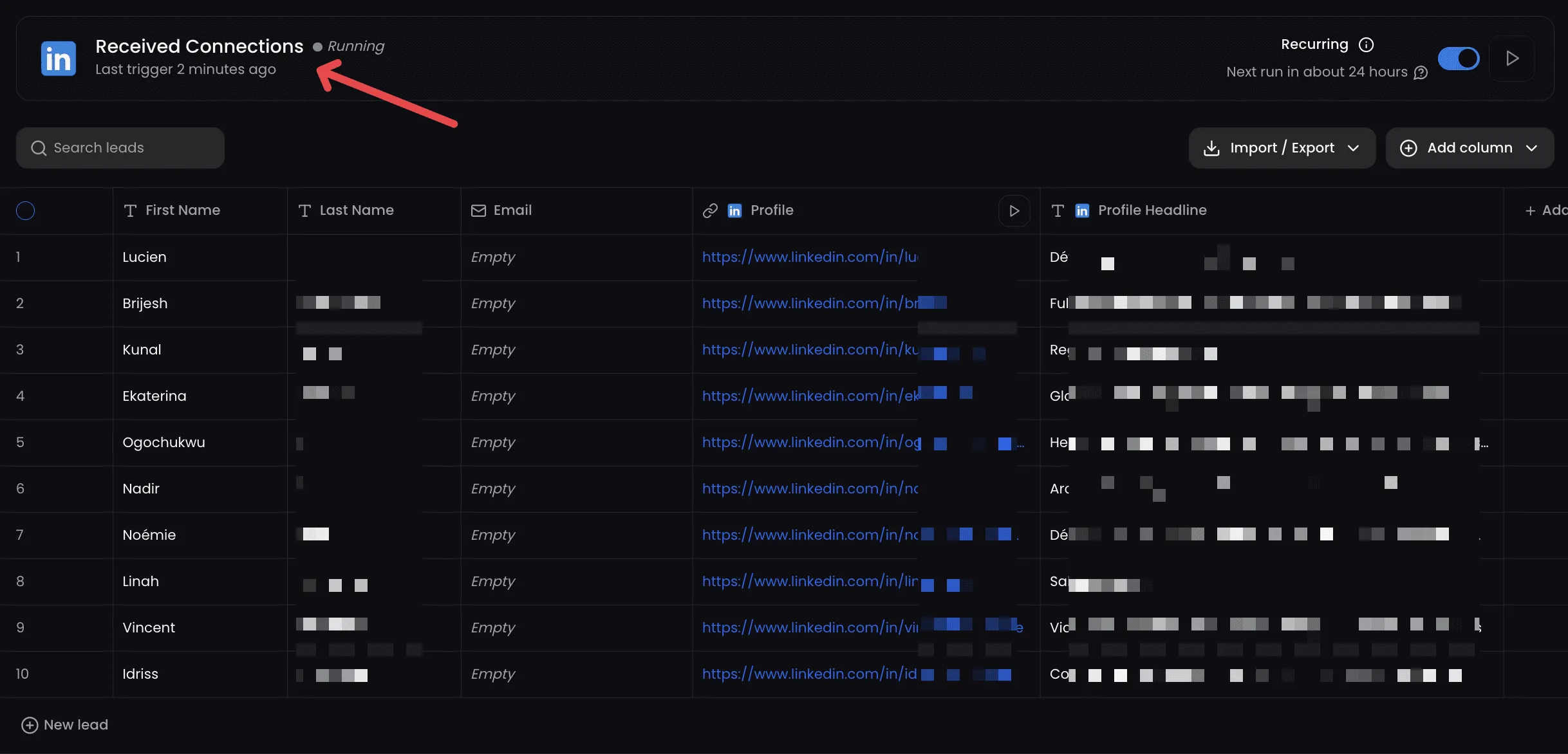 Tableau des leads LinkedIn Received Connections dans ReactIn