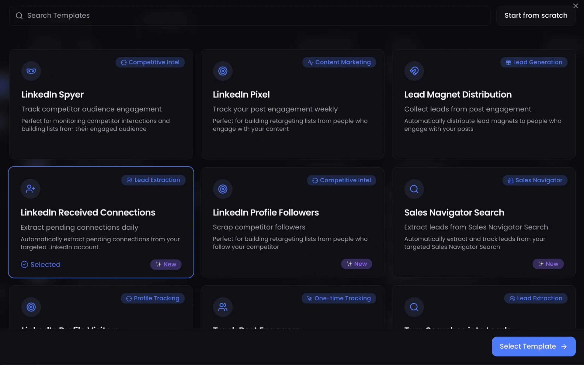 ReactIn workflow template library showing intent-based templates: LinkedIn Spyer, LinkedIn Pixel, Lead Magnet Distribution, Sales Navigator Search, and more
