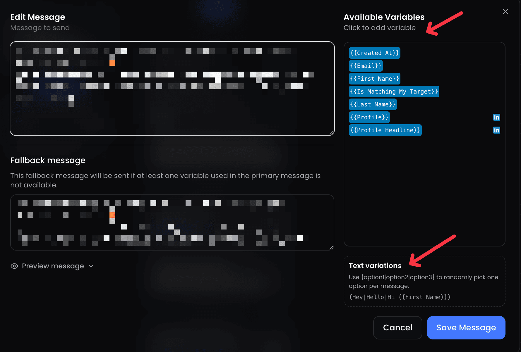 Panneau de variables de message ReactIn montrant les tokens de personnalisation dynamique pour les templates de DM LinkedIn