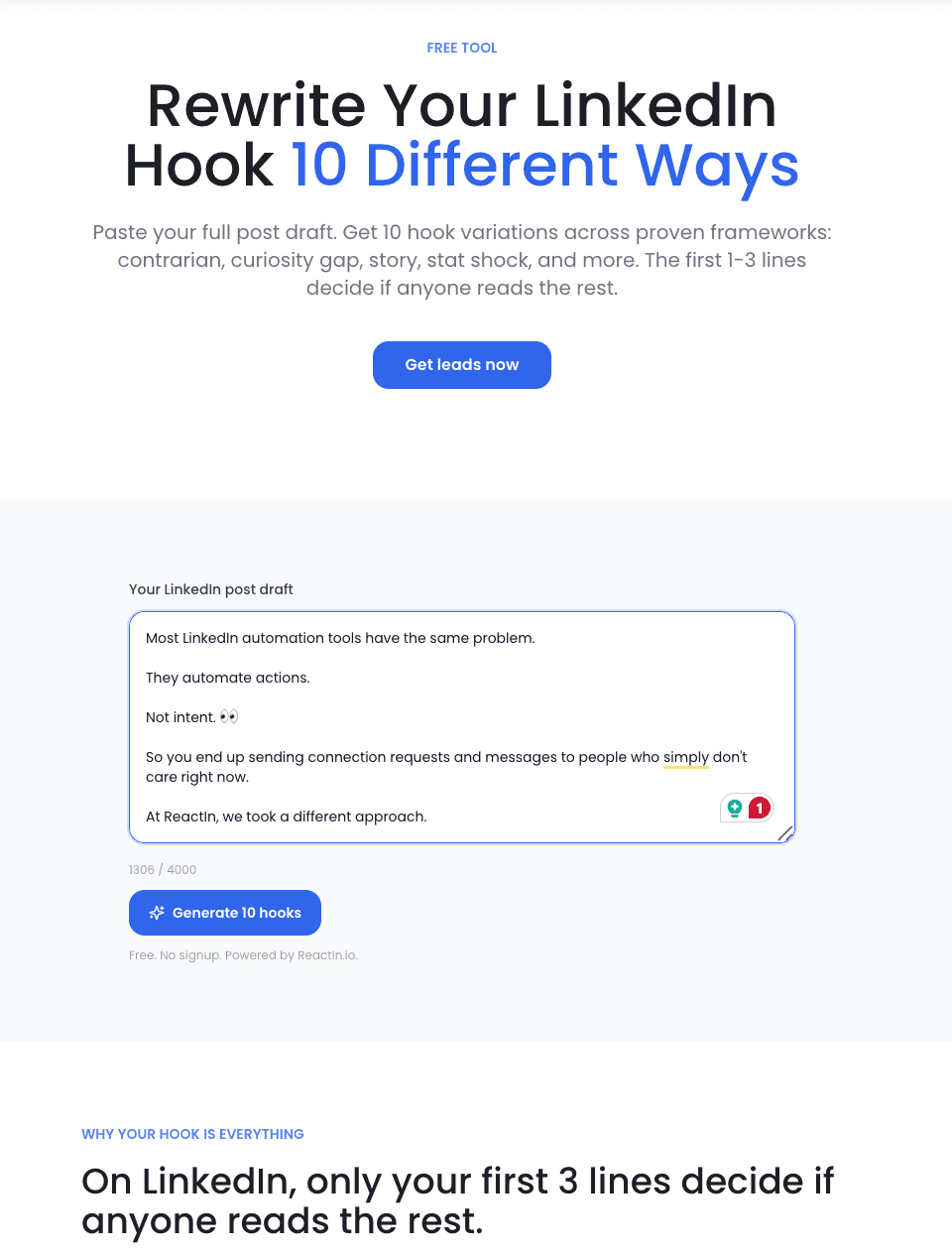 ReactIn LinkedIn hook generator tool for content creation