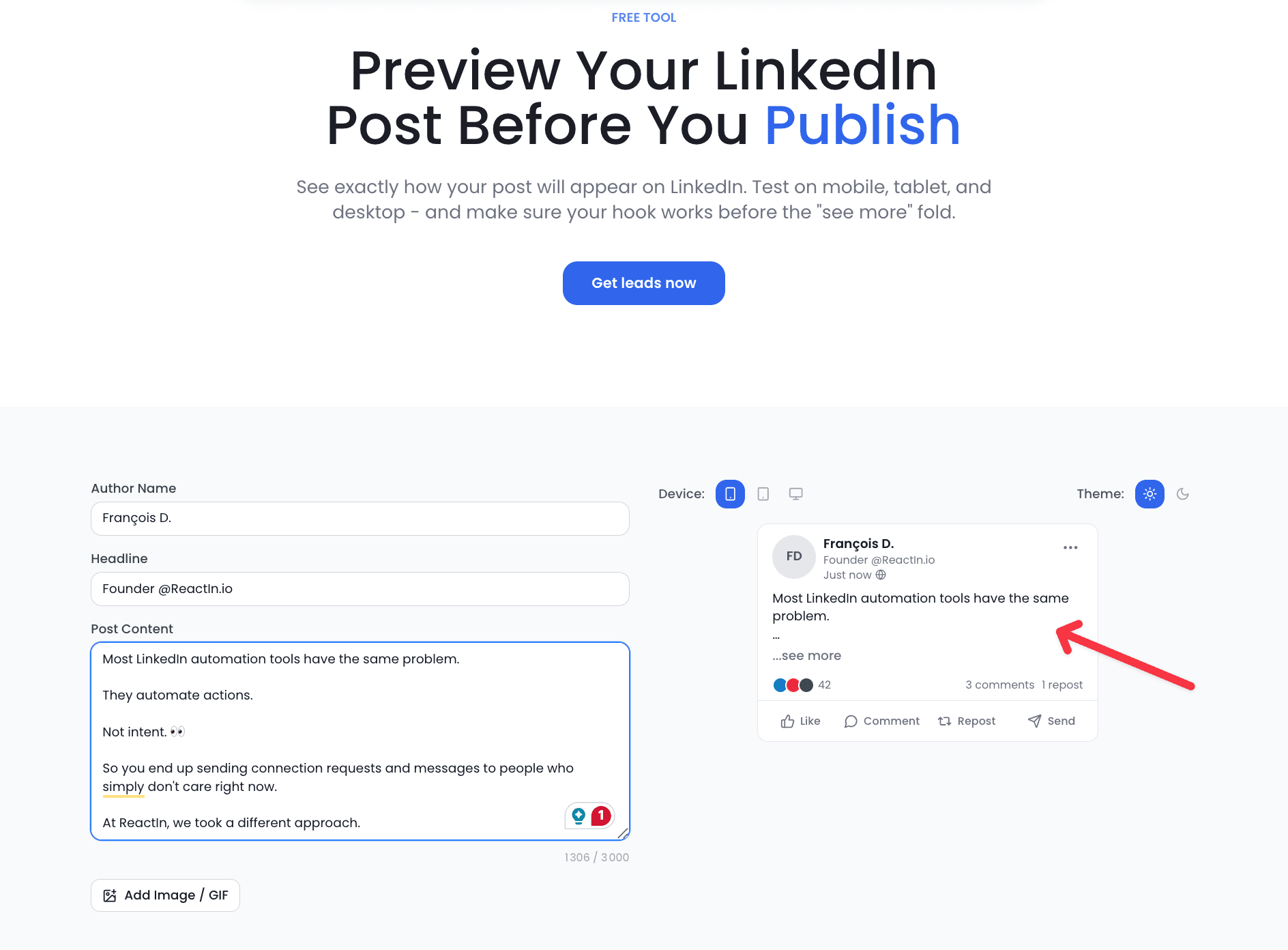ReactIn LinkedIn post preview tool interface