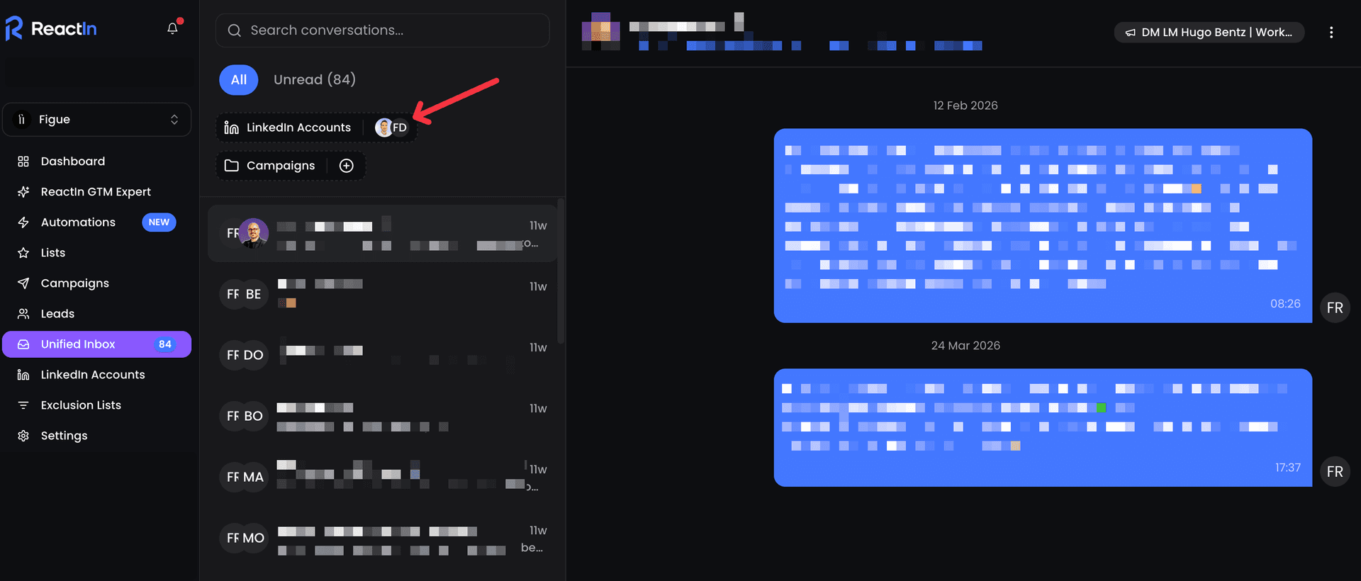 Boîte de réception unifiée ReactIn montrant les conversations LinkedIn organisées par campagne avec indicateurs de statut de réponse